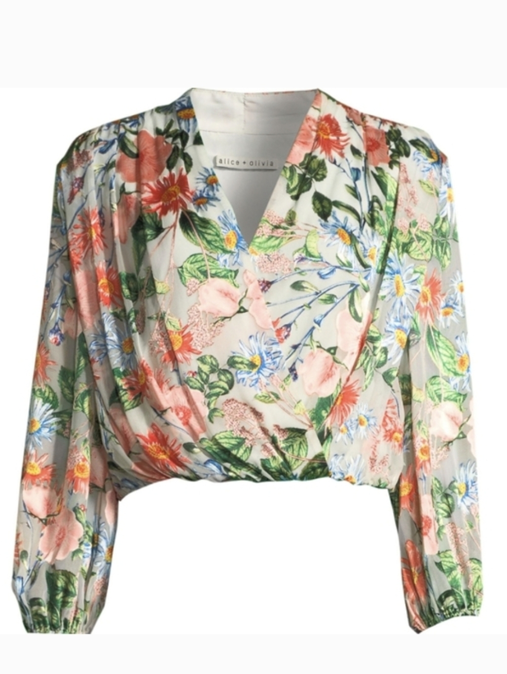 Alice + Olivia Trista Silk Blend Cross Front Blouson Top Floral Print Sz.M